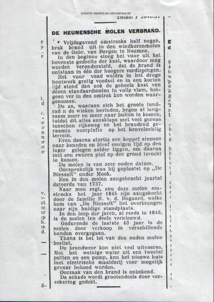 Verslag gelderlander 15-9-1928 over de heumensche molen in de brand