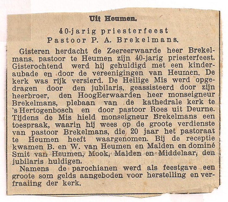 Krantenknipsel 40 jarig priesterjubileum Petrus Antomius Brekelmans bron Frans Brekelmans