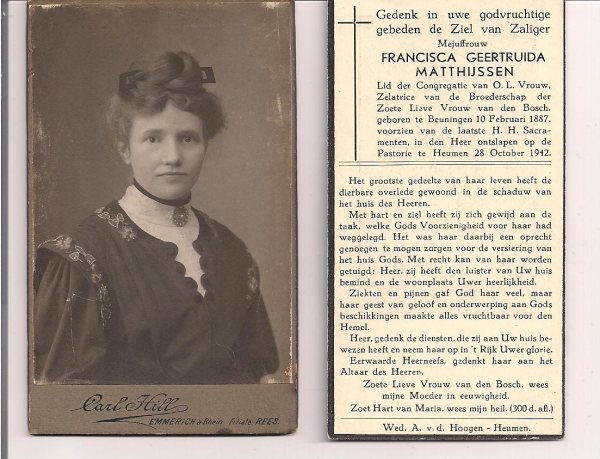 Bidprentje Francisca Geertruida Matthijssen huishoudster van Pastoor P. A. Brekelmans. bron Frans Brekelmans