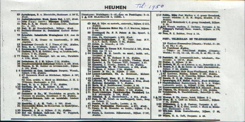 telefoonlijst Heumen 1950