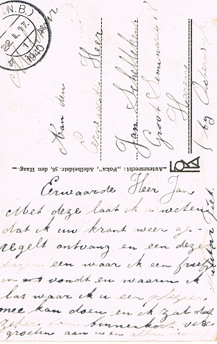 Achterkant ansichtkaart die geschreven is aan pastoor J.Schellekens toen hij in 1940 studeerde op het Groot Seminarie te Haren. 