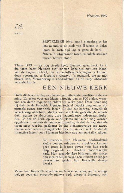 Heumen 1949 brief van de bouwpastoor J.A. van den Wildenberg. bron F. Brekelmans